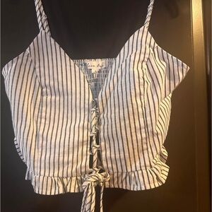 Love Tree White and Blue Ruffled Tie Front Camisole